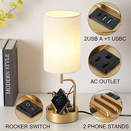 Dreamholder Gold Table Lamp with 3 USB Ports & AC Outlet | Modern Nightstand Light for Bedroom & Office thumbnail 2