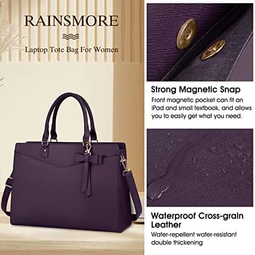 RAINSMORE PU Leather Laptop Tote Bag 15.6 Inch | Water-Resistant Business Work Bag with Detachable Bow thumbnail 4