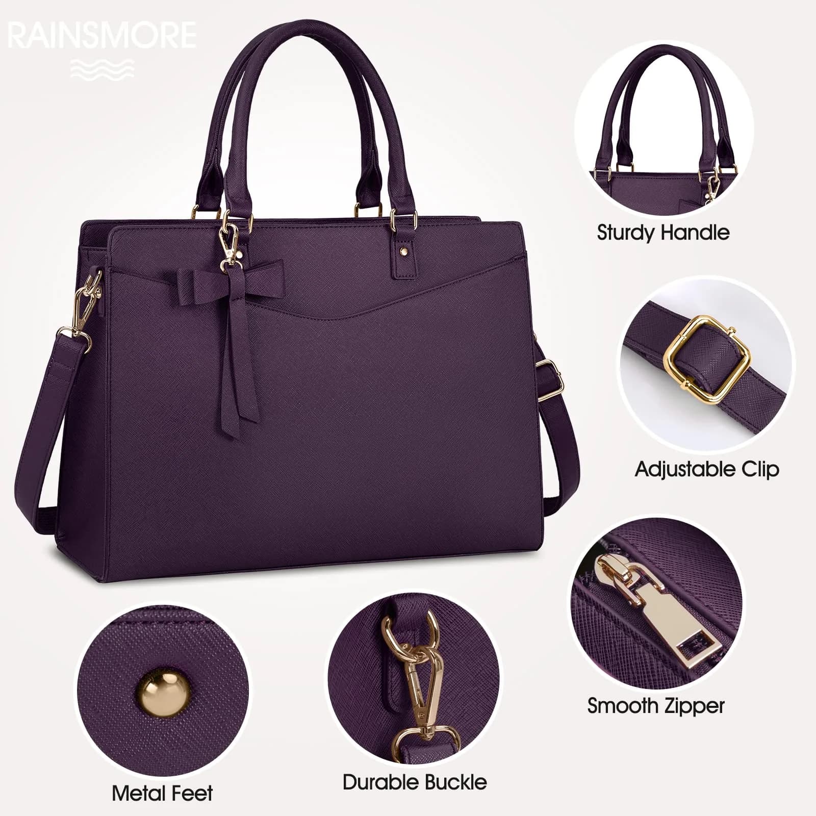 RAINSMORE PU Leather Laptop Tote Bag 15.6 Inch | Water-Resistant Business Work Bag with Detachable Bow - view 5