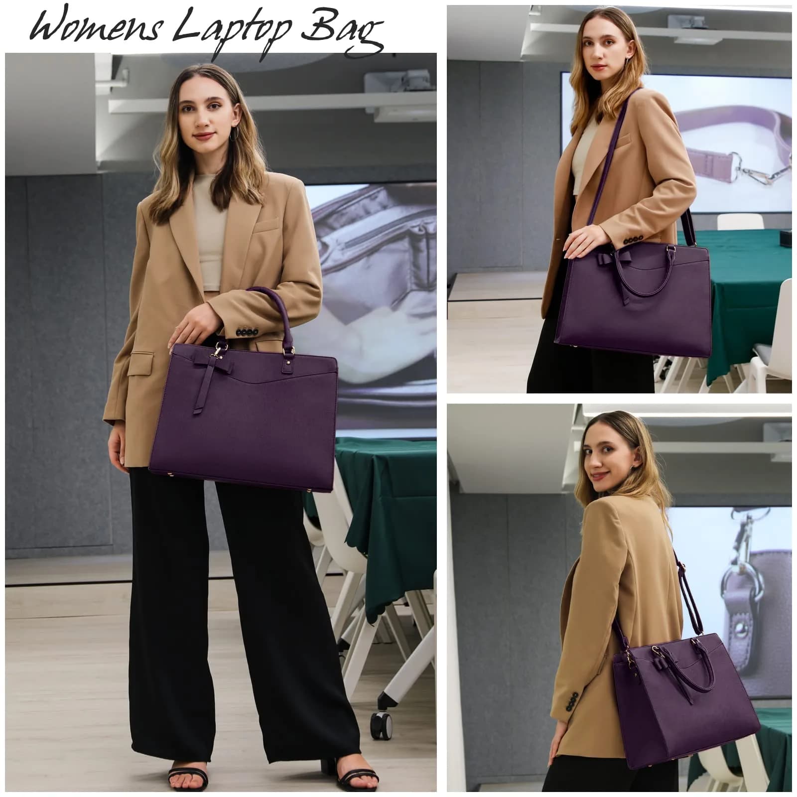 RAINSMORE PU Leather Laptop Tote Bag 15.6 Inch | Water-Resistant Business Work Bag with Detachable Bow - view 2