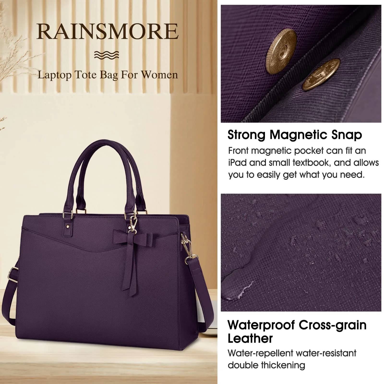 RAINSMORE PU Leather Laptop Tote Bag 15.6 Inch | Water-Resistant Business Work Bag with Detachable Bow - view 4