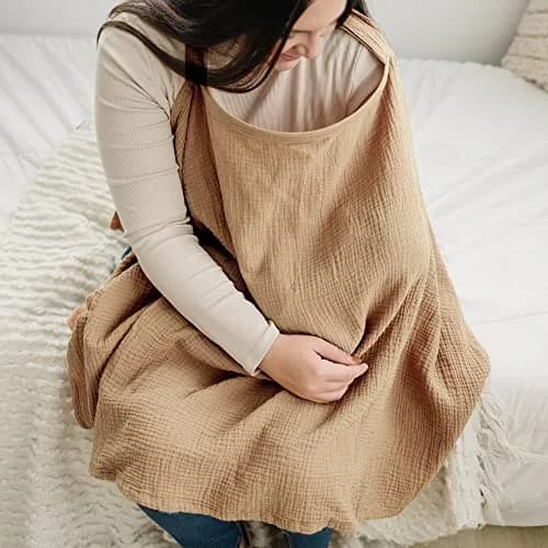 Konssy Muslin Nursing Cover Camel | 100% Cotton Breathable for Breastfeeding with Rigid Hoop & Adjustable Strap thumbnail 3