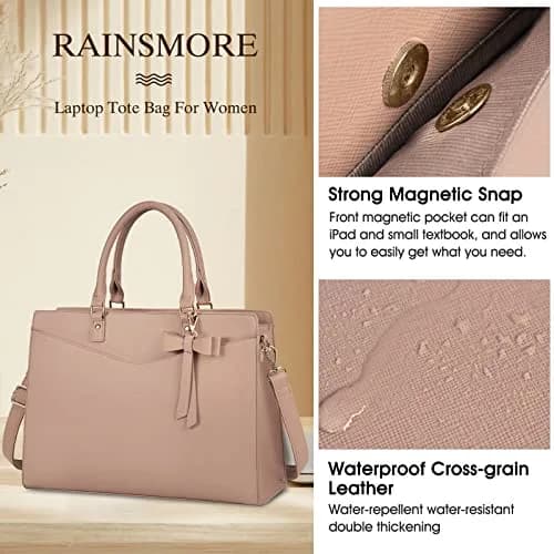 RAINSMORE Women's Laptop Tote Bag 15.6 Inch PU Leather | Water-Resistant Business Work Bag with Detachable Bow thumbnail 4
