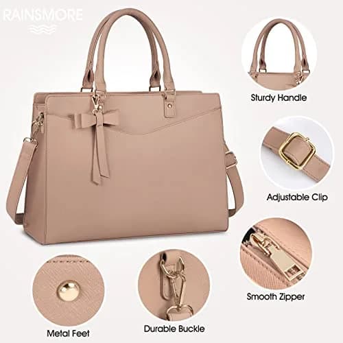 RAINSMORE Women's Laptop Tote Bag 15.6 Inch PU Leather | Water-Resistant Business Work Bag with Detachable Bow thumbnail 5