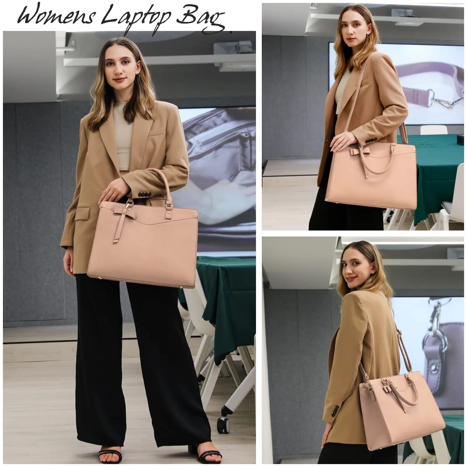 RAINSMORE Women's Laptop Tote Bag 15.6 Inch PU Leather | Water-Resistant Business Work Bag with Detachable Bow - view 2