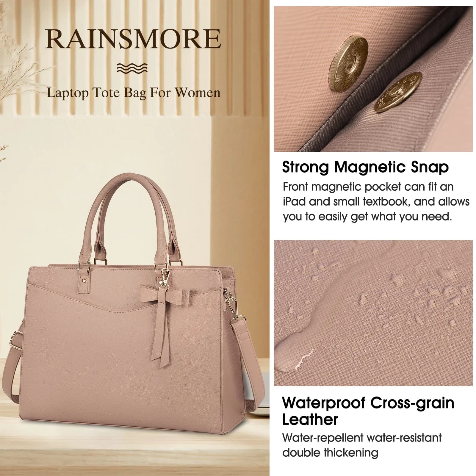 RAINSMORE Women's Laptop Tote Bag 15.6 Inch PU Leather | Water-Resistant Business Work Bag with Detachable Bow - view 4