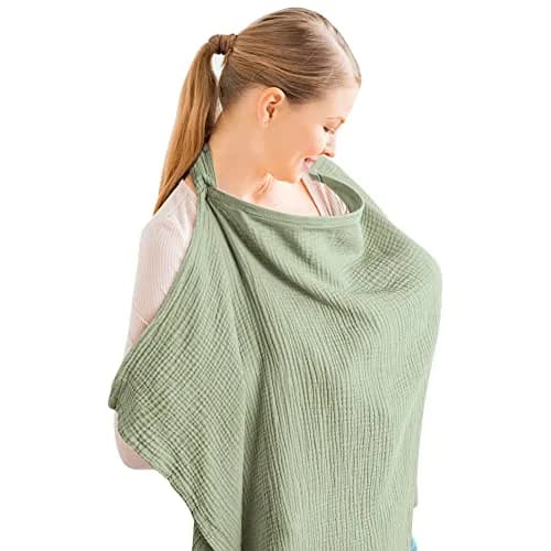 Konssy Muslin Nursing Cover Up for Breastfeeding with Rigid Hoop, Sage 100% Cotton | Breathable & Adjustable for New Moms — Sage