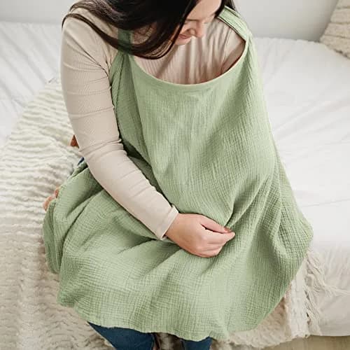 Konssy Muslin Nursing Cover Up for Breastfeeding with Rigid Hoop, Sage 100% Cotton | Breathable & Adjustable for New Moms thumbnail 3