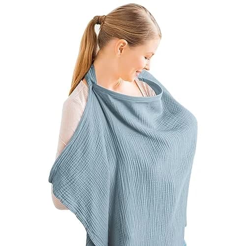 Konssy Muslin Nursing Cover Up for Breastfeeding with Rigid Hoop, 100% Cotton (Blue) | Breathable & Skin-Friendly for New Moms thumbnail 1