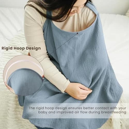 Konssy Muslin Nursing Cover Up for Breastfeeding with Rigid Hoop, 100% Cotton (Blue) | Breathable & Skin-Friendly for New Moms thumbnail 3