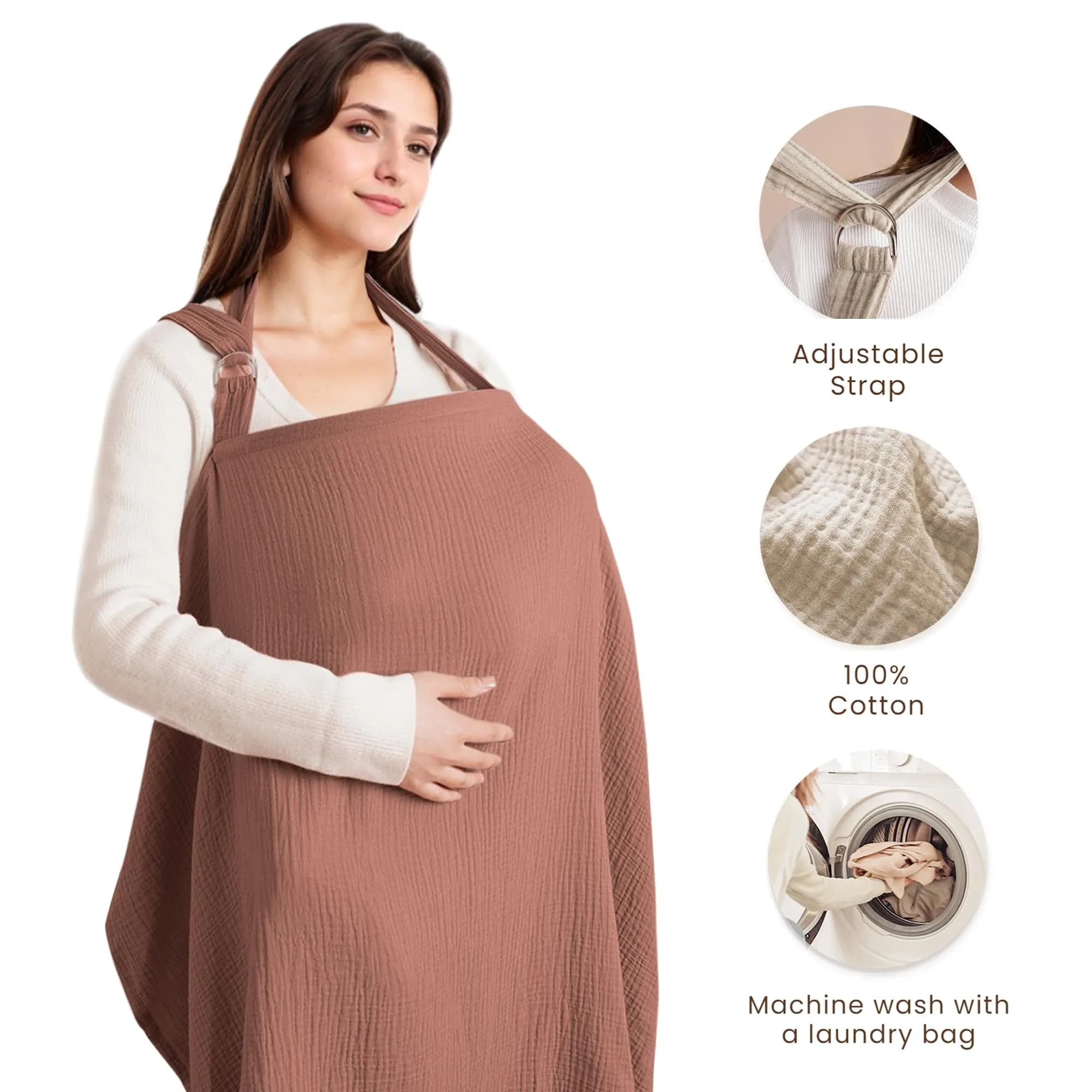 Konssy Muslin Nursing Cover Chestnut | 100% Cotton Breathable with Rigid Hoop for Breastfeeding & Multi-use Carseat Canopy - view 2