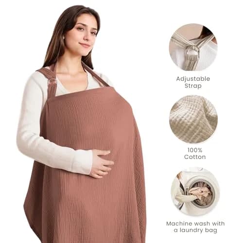 Konssy Muslin Nursing Cover Chestnut | 100% Cotton Breathable with Rigid Hoop for Breastfeeding & Multi-use Carseat Canopy thumbnail 2