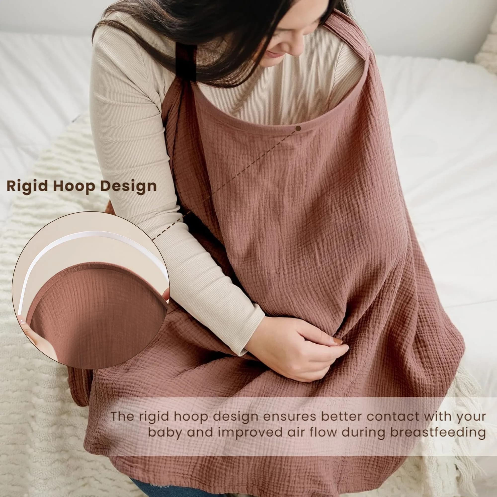 Konssy Muslin Nursing Cover Chestnut | 100% Cotton Breathable with Rigid Hoop for Breastfeeding & Multi-use Carseat Canopy - view 3