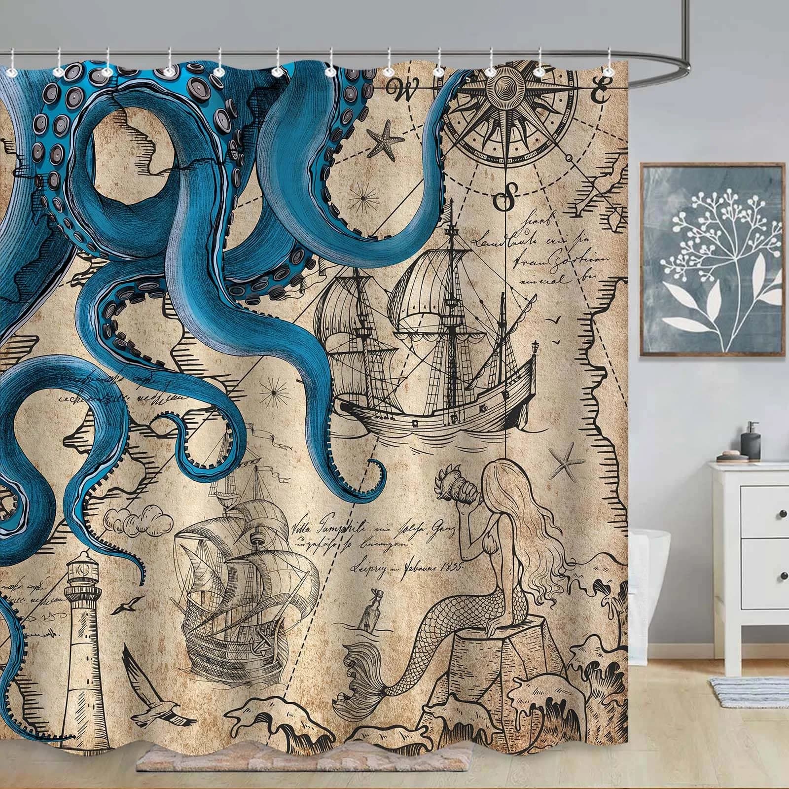 Fungarth Nautical Octopus Shower Curtain 183cm (72"W x 84"L) | Waterproof Polyester Fabric with Metal Grommets thumbnail 1
