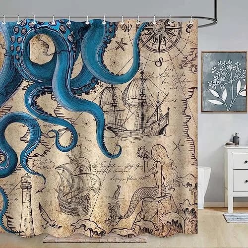 Fungarth Nautical Octopus Shower Curtain 183cm (72"W x 84"L) | Waterproof Polyester Fabric with Metal Grommets thumbnail 1