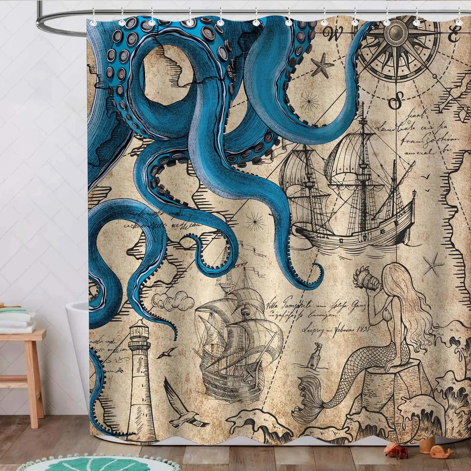 Fungarth Nautical Octopus Shower Curtain 183cm (72"W x 84"L) | Waterproof Polyester Fabric with Metal Grommets thumbnail 5