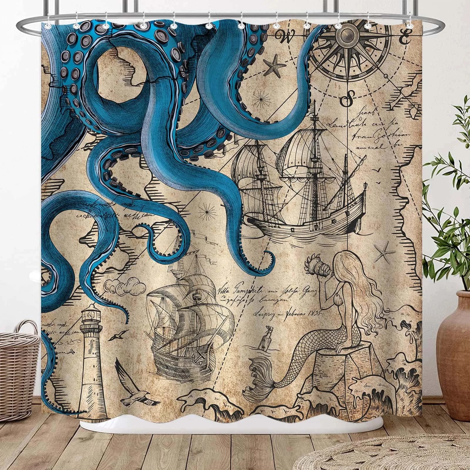 Fungarth Nautical Octopus Shower Curtain 183cm (72"W x 84"L) | Waterproof Polyester Fabric with Metal Grommets thumbnail 2