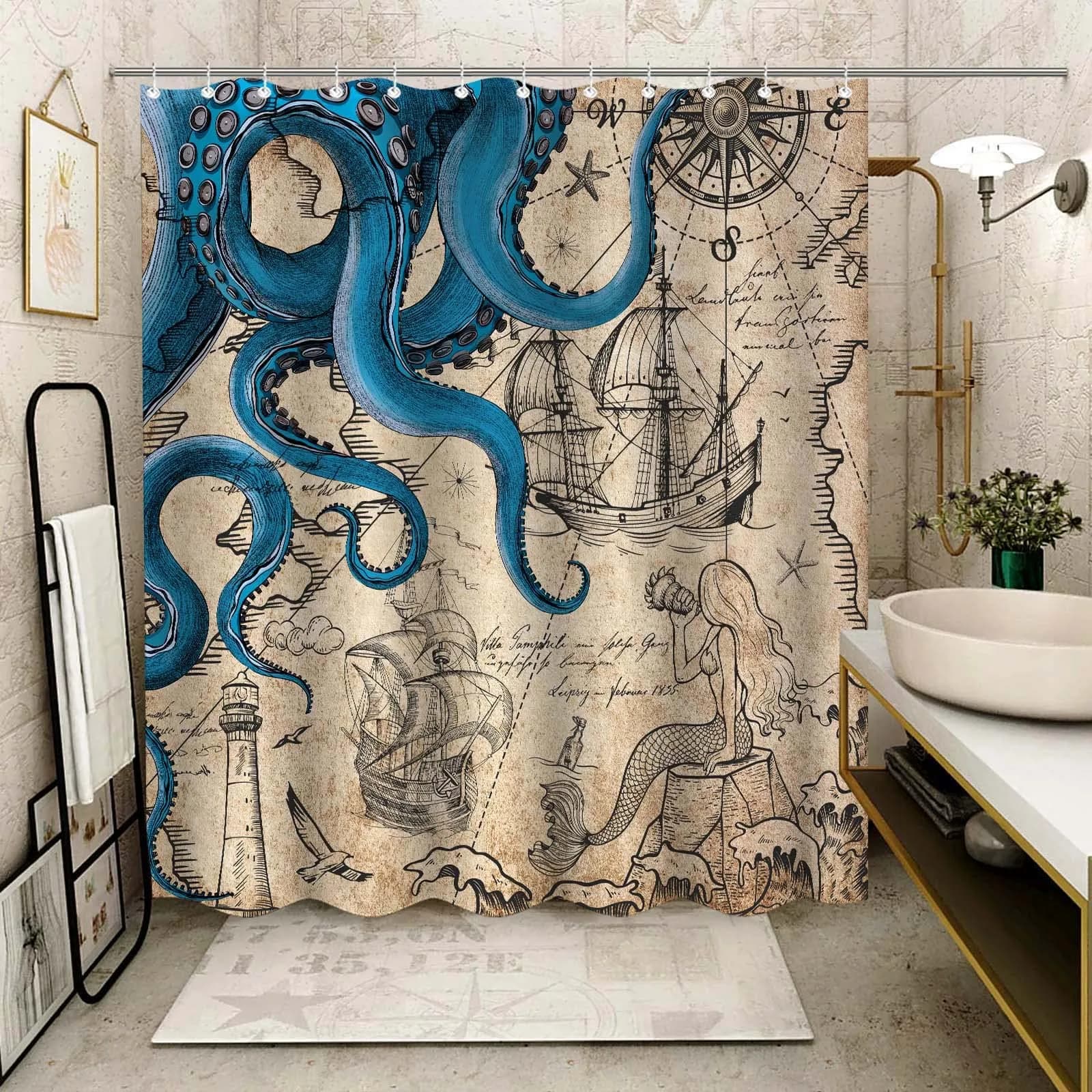 Fungarth Nautical Octopus Shower Curtain 183cm (72"W x 84"L) | Waterproof Polyester Fabric with Metal Grommets thumbnail 4