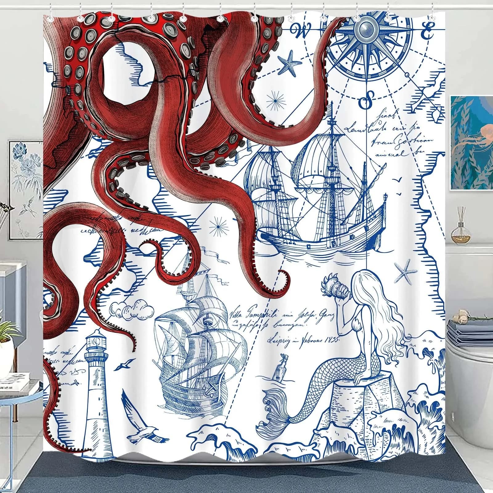 Fungarth Red Nautical Octopus Shower Curtain 72" x 72" | Waterproof Fabric Bath Curtain with Hooks — Red
