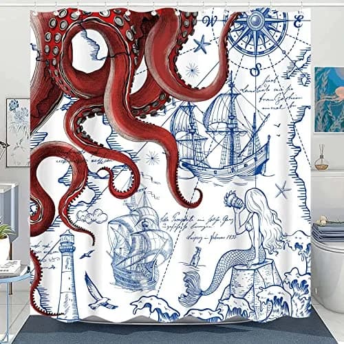 Fungarth Red Nautical Octopus Shower Curtain 72" x 72" | Waterproof Fabric Bath Curtain with Hooks thumbnail 1