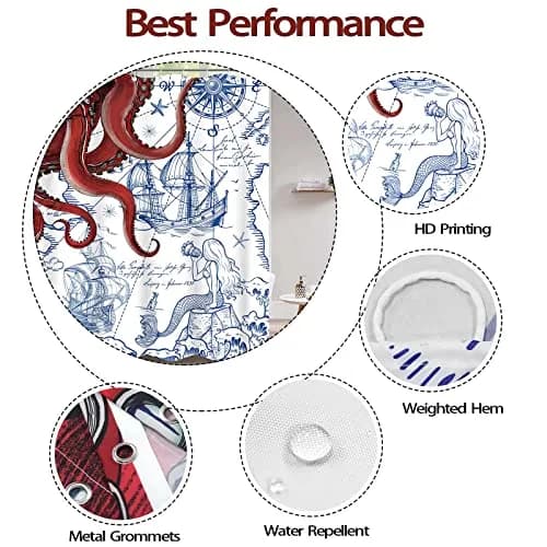 Fungarth Red Nautical Octopus Shower Curtain 72" x 72" | Waterproof Fabric Bath Curtain with Hooks thumbnail 6