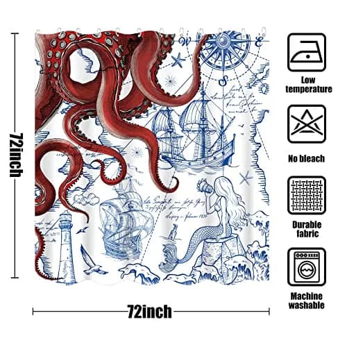 Fungarth Red Nautical Octopus Shower Curtain 72" x 72" | Waterproof Fabric Bath Curtain with Hooks thumbnail 7