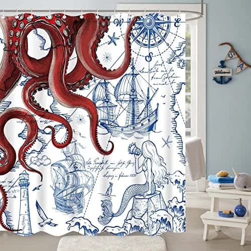 Fungarth Red Nautical Octopus Shower Curtain 72" x 72" | Waterproof Fabric Bath Curtain with Hooks thumbnail 8