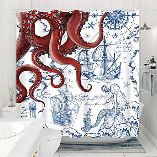 Fungarth Red Nautical Octopus Shower Curtain 72" x 72" | Waterproof Fabric Bath Curtain with Hooks thumbnail 3