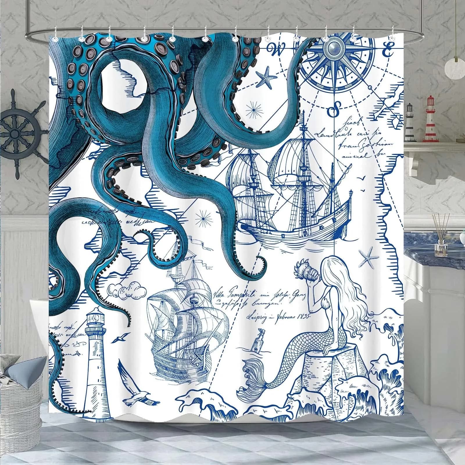 Fungarth Nautical Octopus Shower Curtain 183cm x 183cm (72" x 72") | Waterproof Fabric Bathroom Decor — Blue