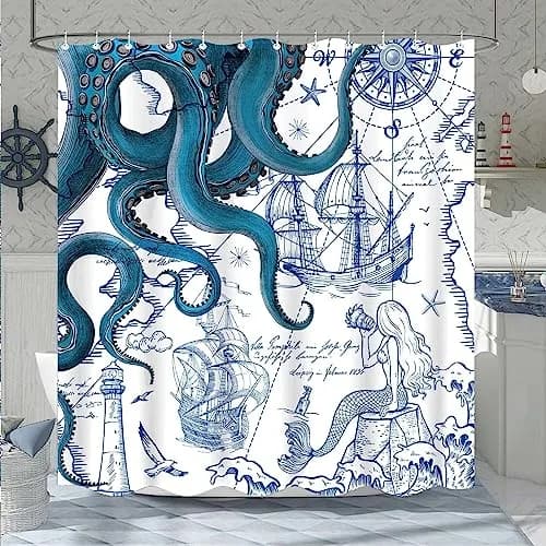 Fungarth Nautical Octopus Shower Curtain 183cm x 183cm (72" x 72") | Waterproof Fabric Bathroom Decor thumbnail 1