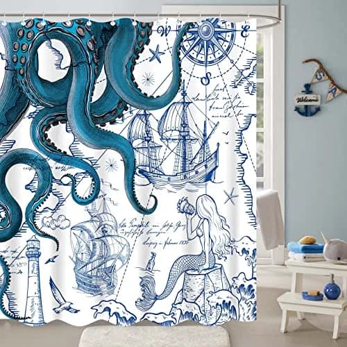 Fungarth Nautical Octopus Shower Curtain 183cm x 183cm (72" x 72") | Waterproof Fabric Bathroom Decor thumbnail 2