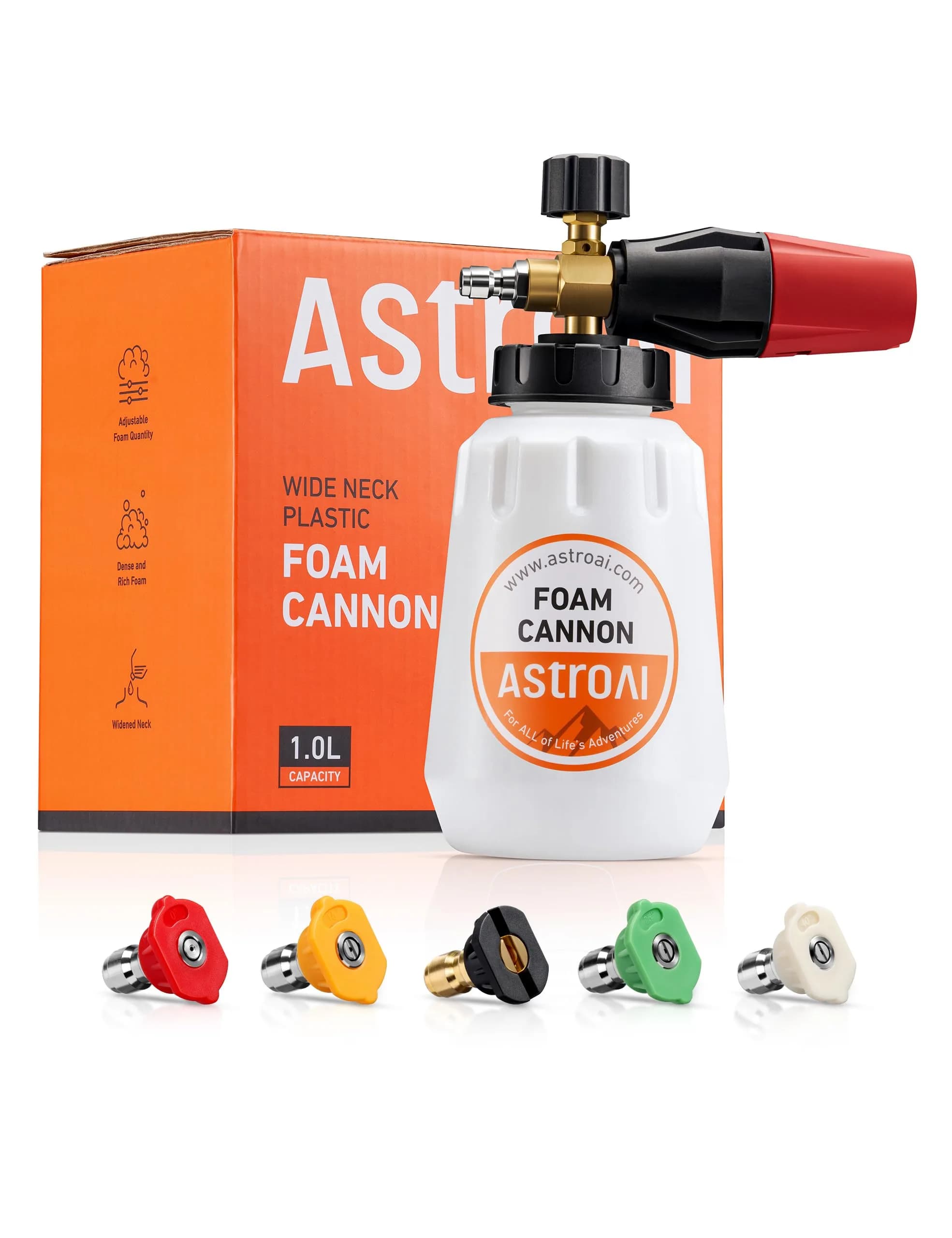 AstroAI Foam Cannon for Pressure Washer with 1/4" Quick Connect, 1L Bottle & 5 Nozzles | Heavy Duty Foam Sprayer Attachments — 1 L Bottle,WITH 5-TIPS
