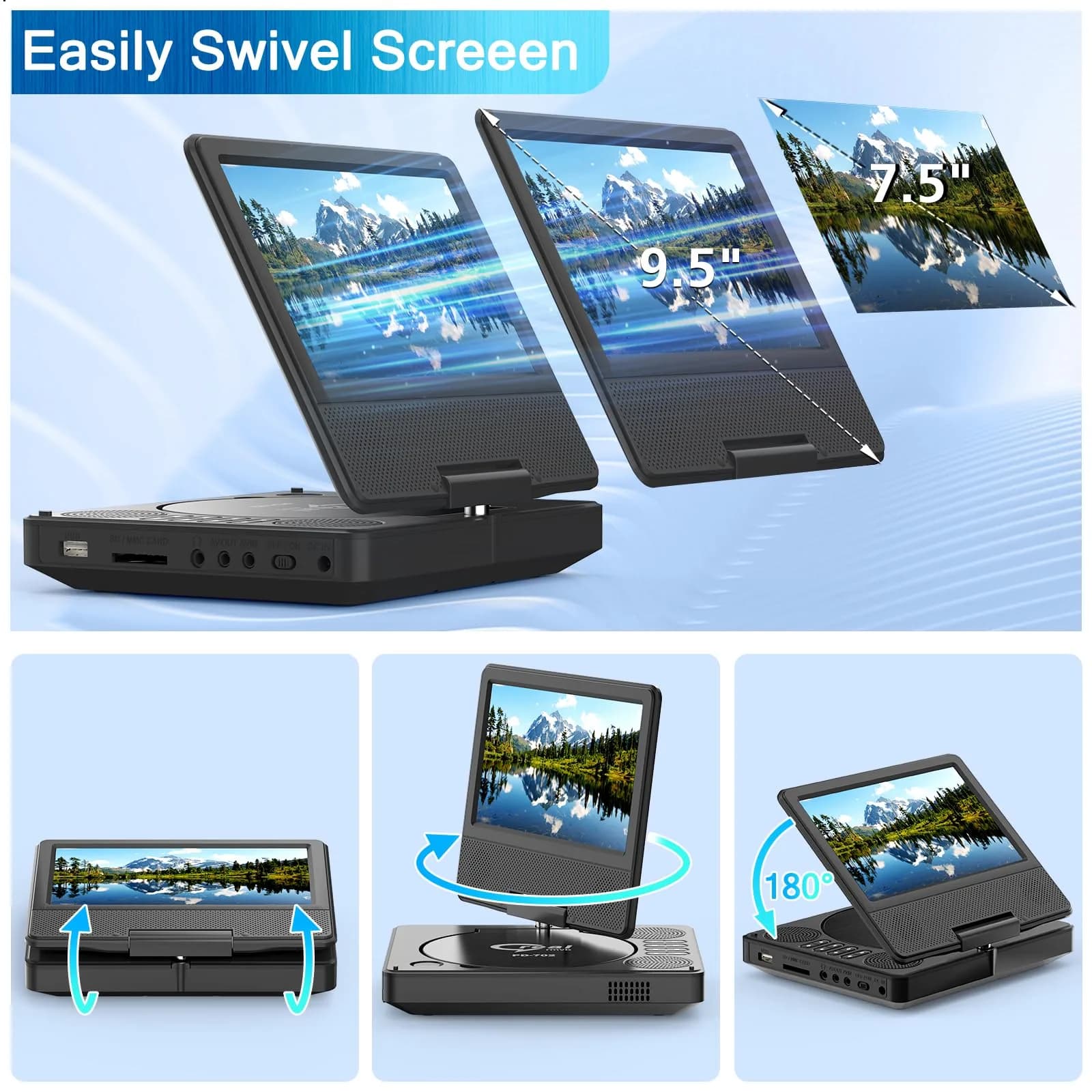 PJGCWB Portable DVD Player 7.5" Swivel Display | 5-Hour Battery, Car Mount Included - view 5