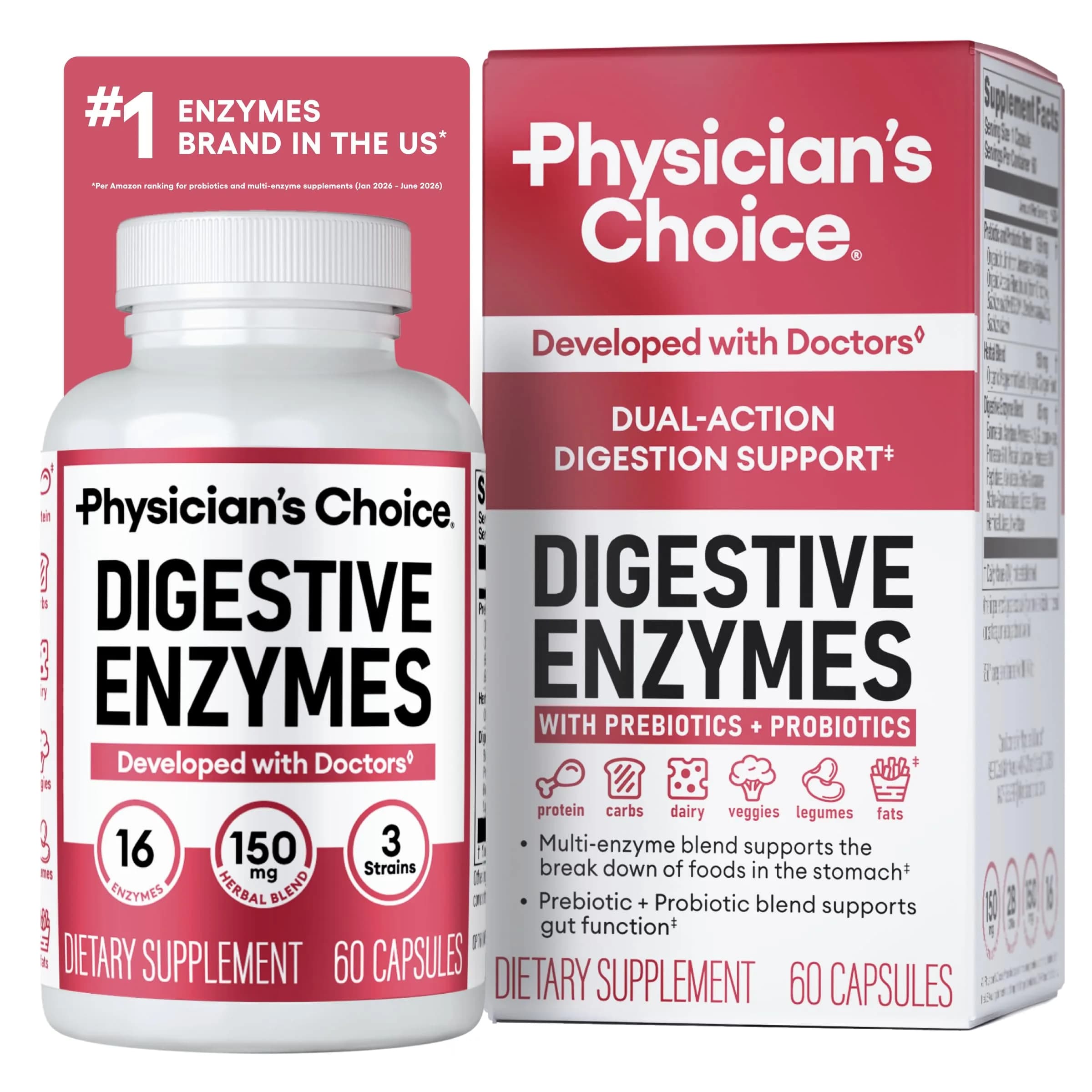 Physician's CHOICE Digestive Enzymes 60 Count | 16-Enzyme Formula with Organic Prebiotics & Probiotics for Gut Health - main product image