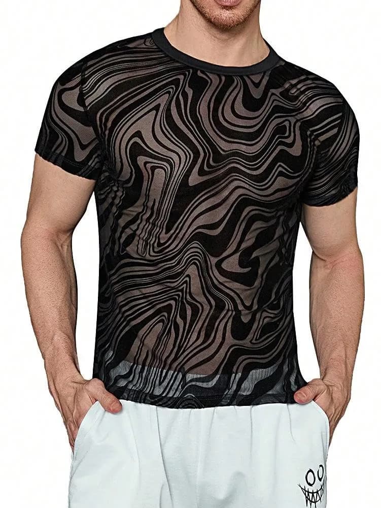 WDIRARA Men's Floral Print Mesh T-Shirt Black L | See-Through Party Top — Marble Print Black
