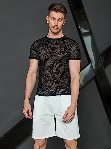 WDIRARA Men's Floral Print Mesh T-Shirt Black L | See-Through Party Top thumbnail 4