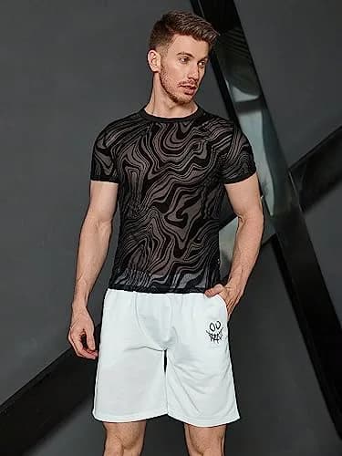WDIRARA Men's Floral Print Mesh T-Shirt Black L | See-Through Party Top thumbnail 7