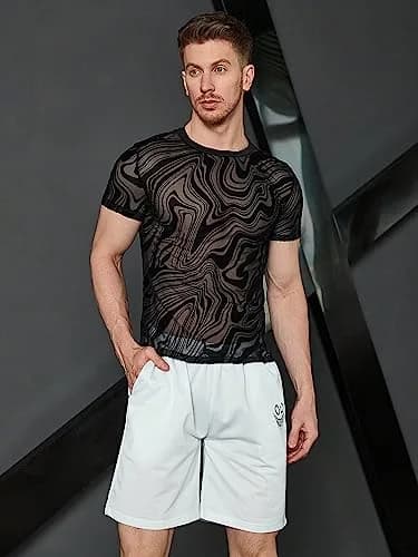 WDIRARA Men's Floral Print Mesh T-Shirt Black L | See-Through Party Top thumbnail 3