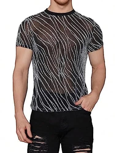 WDIRARA Men's Glitter Silver & Black Floral Print Mesh T-Shirt - Round Neck, Short Sleeve (XS) thumbnail 1