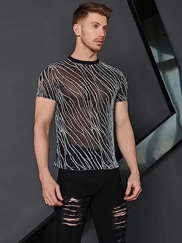WDIRARA Men's Glitter Silver & Black Floral Print Mesh T-Shirt - Round Neck, Short Sleeve (XS) thumbnail 5