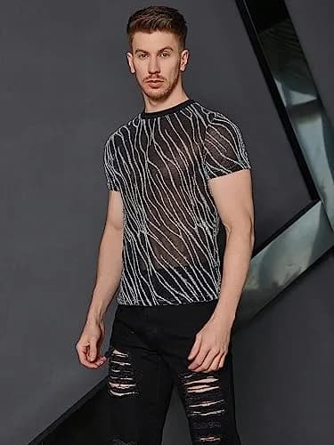 WDIRARA Men's Glitter Silver & Black Floral Print Mesh T-Shirt - Round Neck, Short Sleeve (XS) thumbnail 6