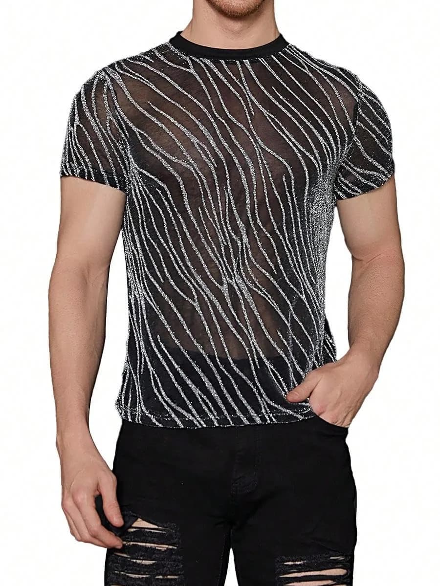 WDIRARA Men's Floral Print See Through Mesh T-Shirt Glitter Silver & Black Medium | Party & Club Wear - main product image