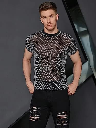 WDIRARA Men's Floral Print See Through Mesh T-Shirt Glitter Silver & Black Medium | Party & Club Wear thumbnail 4