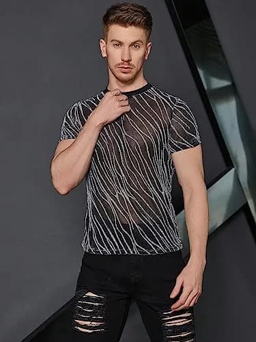 WDIRARA Men's Floral Print See Through Mesh T-Shirt Glitter Silver & Black Medium | Party & Club Wear thumbnail 7