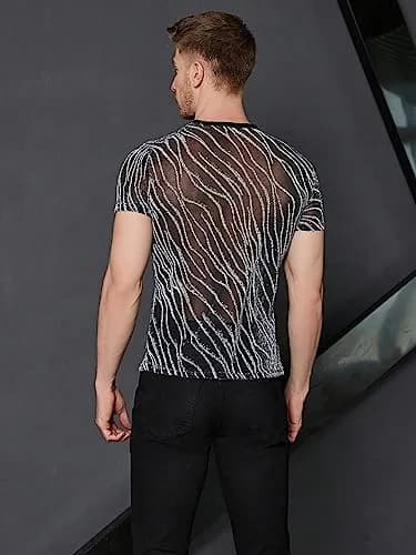 WDIRARA Men's Floral Print See Through Mesh T-Shirt Glitter Silver & Black Medium | Party & Club Wear thumbnail 2