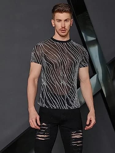 WDIRARA Men's Floral Print See Through Mesh T-Shirt Glitter Silver & Black Medium | Party & Club Wear thumbnail 3