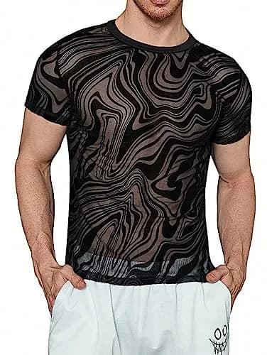 WDIRARA Floral Print Mesh T-Shirt | Short Sleeve Round Neck, See Through, Marble Print Black, Medium thumbnail 1