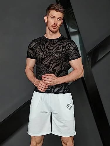 WDIRARA Floral Print Mesh T-Shirt | Short Sleeve Round Neck, See Through, Marble Print Black, Medium thumbnail 5