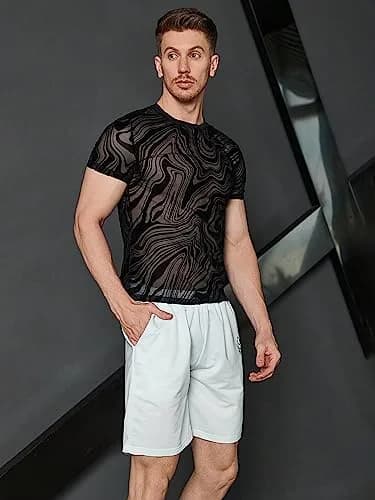 WDIRARA Floral Print Mesh T-Shirt | Short Sleeve Round Neck, See Through, Marble Print Black, Medium thumbnail 6