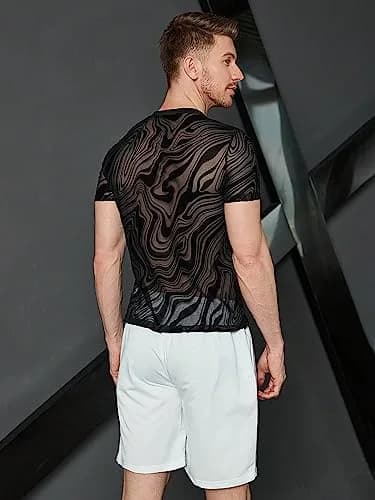 WDIRARA Floral Print Mesh T-Shirt | Short Sleeve Round Neck, See Through, Marble Print Black, Medium thumbnail 2